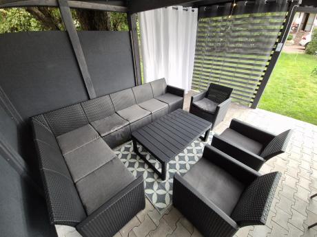 Zestaw dla 10 osób z narożnikiem Nedler VII, stołem podnoszonym i 3 fotelami - grafit