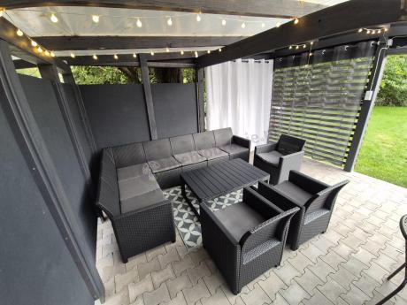 Zestaw dla 10 osób z narożnikiem Nedler VII, stołem podnoszonym i 3 fotelami - grafit