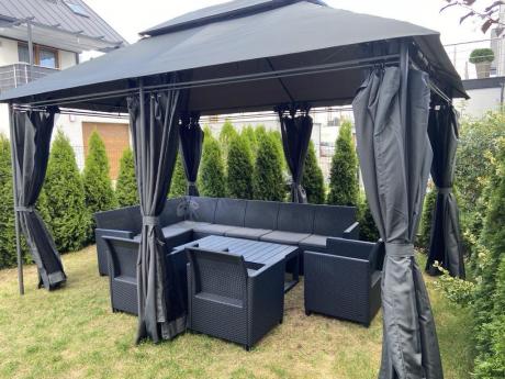 Zestaw dla 10 osób z narożnikiem Nedler VII, stołem podnoszonym i 3 fotelami - grafit