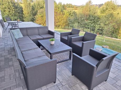 Zestaw dla 10 osób z narożnikiem Nedler VII, stołem podnoszonym i 3 fotelami - grafit