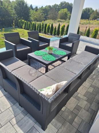 Zestaw dla 10 osób z narożnikiem Nedler VII, stołem podnoszonym i 3 fotelami - grafit