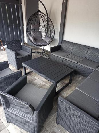 Zestaw dla 10 osób z narożnikiem Nedler VII, stołem podnoszonym i 3 fotelami - grafit