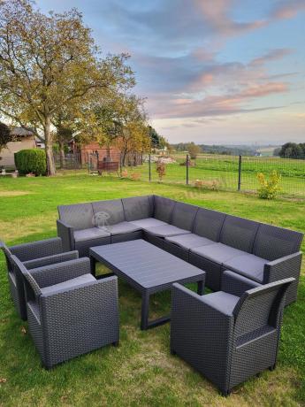 Zestaw dla 10 osób z narożnikiem Nedler VII, stołem podnoszonym i 3 fotelami - grafit