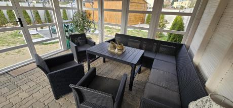 Zestaw dla 10 osób z narożnikiem Nedler VII, stołem podnoszonym i 3 fotelami - grafit