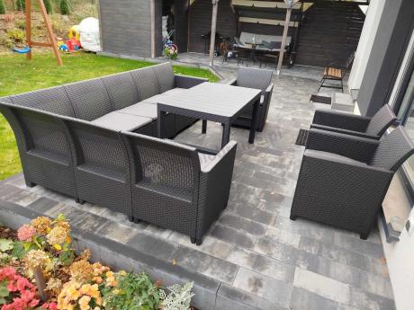 Zestaw dla 10 osób z narożnikiem Nedler VII, stołem podnoszonym i 3 fotelami - grafit