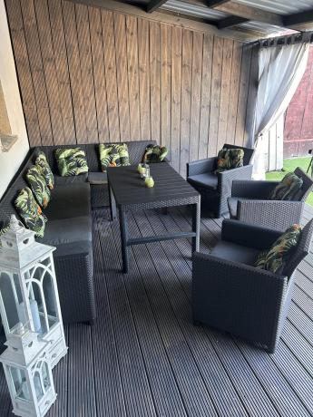 Zestaw dla 10 osób z narożnikiem Nedler VII, stołem podnoszonym i 3 fotelami - grafit