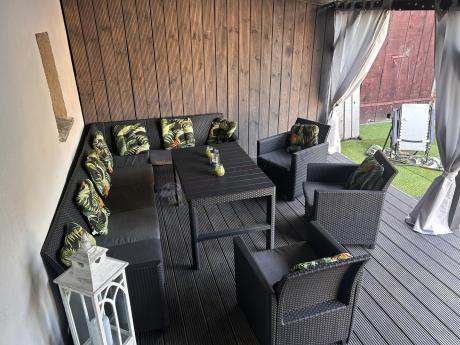 Zestaw dla 10 osób z narożnikiem Nedler VII, stołem podnoszonym i 3 fotelami - grafit