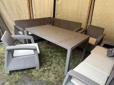 Zestaw dla 10 osób z narożnikiem, stołem obiadowym i trzema fotelami Rellme VII - cappuccino