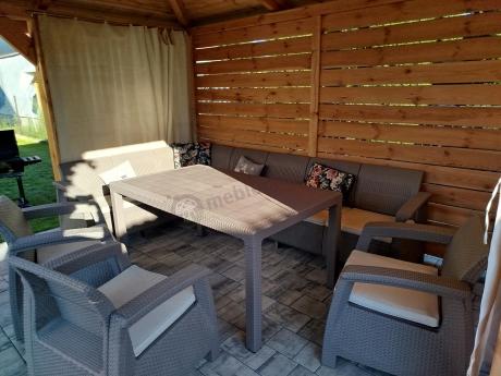 Zestaw dla 10 osób z narożnikiem, stołem obiadowym i trzema fotelami Rellme VII - cappuccino