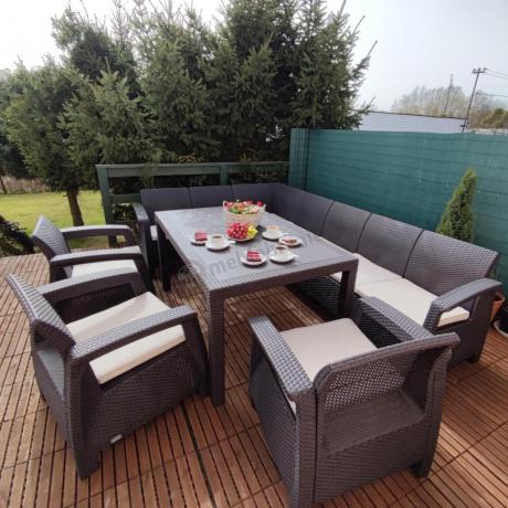 Zestaw dla 10 osób z narożnikiem, stołem obiadowym i trzema fotelami Rellme VII brązowy