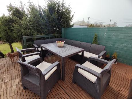 Zestaw dla 10 osób z narożnikiem, stołem obiadowym i trzema fotelami Rellme VII brązowy