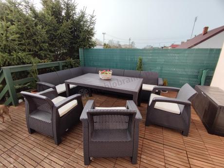 Zestaw dla 10 osób z narożnikiem, stołem obiadowym i trzema fotelami Rellme VII brązowy