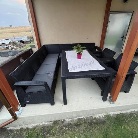 Zestaw dla 10 osób z narożnikiem, stołem obiadowym i trzema fotelami Rellme VII grafitowy