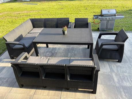 Zestaw dla 10 osób z narożnikiem, stołem obiadowym i trzema fotelami Rellme VII grafitowy