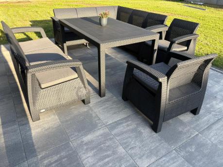 Zestaw dla 10 osób z narożnikiem, stołem obiadowym i trzema fotelami Rellme VII grafitowy