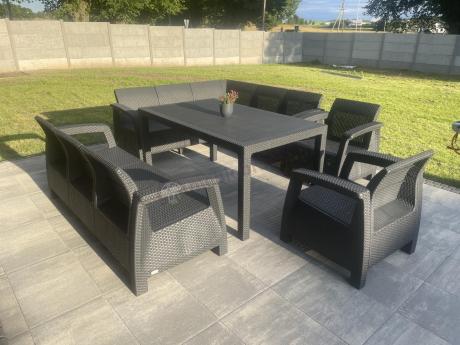 Zestaw dla 10 osób z narożnikiem, stołem obiadowym i trzema fotelami Rellme VII grafitowy