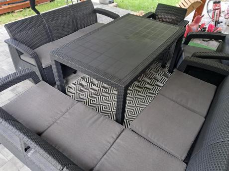 Zestaw dla 10 osób z narożnikiem, stołem obiadowym i trzema fotelami Rellme VII grafitowy