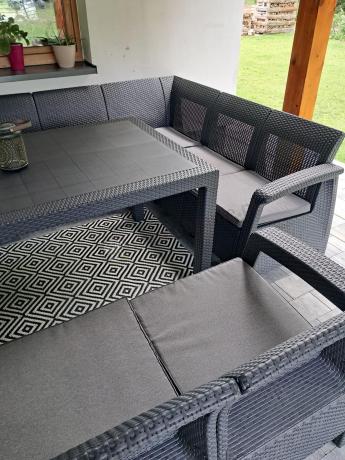 Zestaw dla 10 osób z narożnikiem, stołem obiadowym i trzema fotelami Rellme VII grafitowy