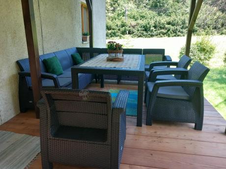 Zestaw dla 10 osób z narożnikiem, stołem obiadowym i trzema fotelami Rellme VII grafitowy