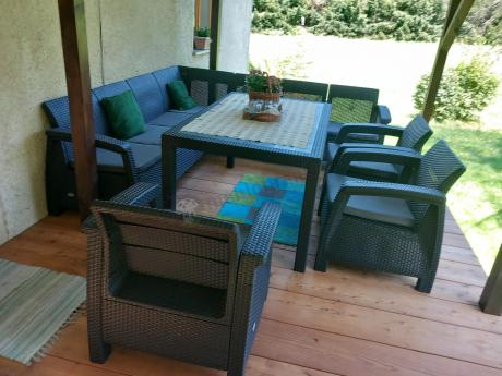 Zestaw dla 10 osób z narożnikiem, stołem obiadowym i trzema fotelami Rellme VII grafitowy