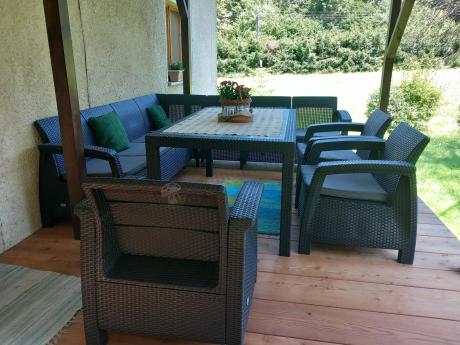 Zestaw dla 10 osób z narożnikiem, stołem obiadowym i trzema fotelami Rellme VII grafitowy