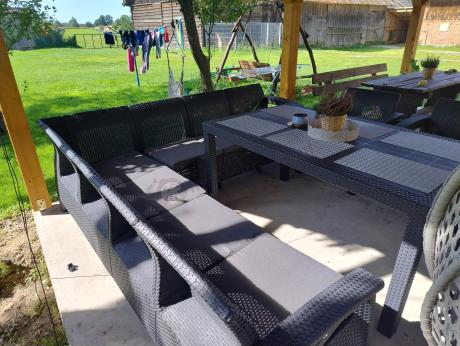 Zestaw dla 10 osób z narożnikiem, stołem obiadowym i trzema fotelami Rellme VII grafitowy