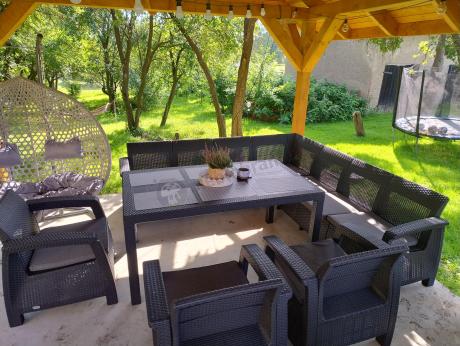 Zestaw dla 10 osób z narożnikiem, stołem obiadowym i trzema fotelami Rellme VII grafitowy