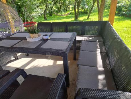 Zestaw dla 10 osób z narożnikiem, stołem obiadowym i trzema fotelami Rellme VII grafitowy