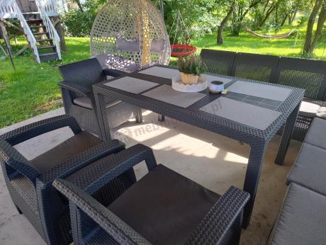 Zestaw dla 10 osób z narożnikiem, stołem obiadowym i trzema fotelami Rellme VII grafitowy