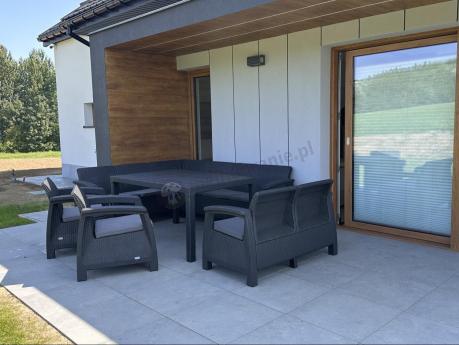 Zestaw dla 10 osób z narożnikiem, stołem obiadowym i trzema fotelami Rellme VII grafitowy