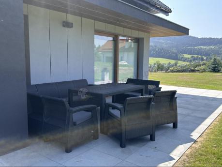 Zestaw dla 10 osób z narożnikiem, stołem obiadowym i trzema fotelami Rellme VII grafitowy