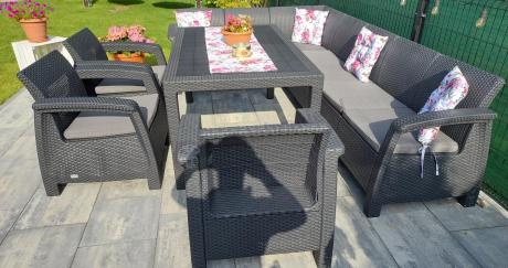 Zestaw dla 10 osób z narożnikiem, stołem obiadowym i trzema fotelami Rellme VII grafitowy