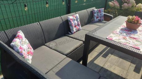 Zestaw dla 10 osób z narożnikiem, stołem obiadowym i trzema fotelami Rellme VII grafitowy