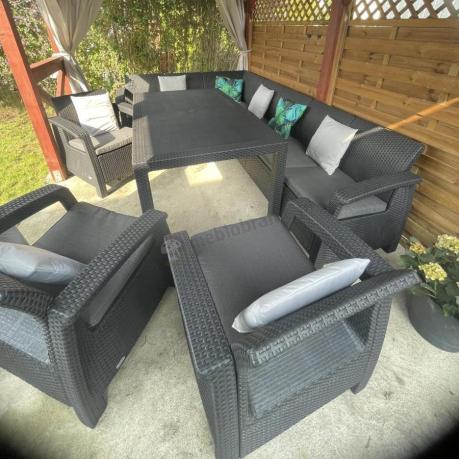 Zestaw dla 10 osób z narożnikiem, stołem obiadowym i trzema fotelami Rellme VII grafitowy