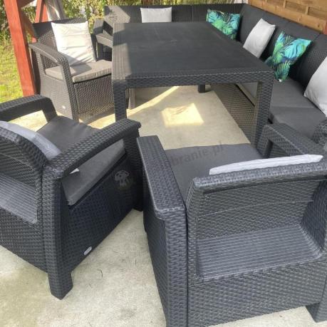 Zestaw dla 10 osób z narożnikiem, stołem obiadowym i trzema fotelami Rellme VII grafitowy