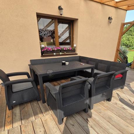 Zestaw dla 10 osób z narożnikiem, stołem obiadowym i trzema fotelami Rellme VII grafitowy