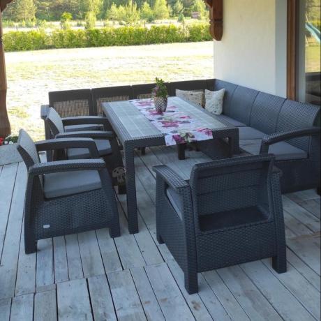 Zestaw dla 10 osób z narożnikiem, stołem obiadowym i trzema fotelami Rellme VII grafitowy