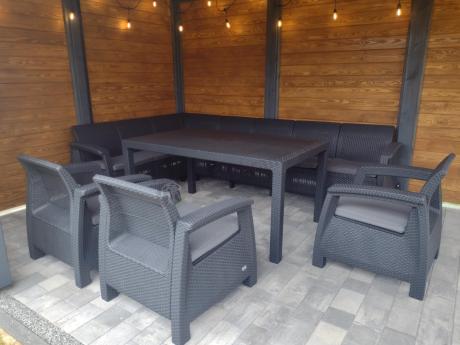 Zestaw dla 10 osób z narożnikiem, stołem obiadowym i trzema fotelami Rellme VII grafitowy