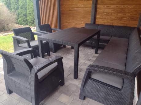 Zestaw dla 10 osób z narożnikiem, stołem obiadowym i trzema fotelami Rellme VII grafitowy