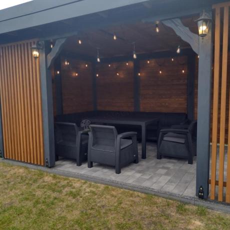 Zestaw dla 10 osób z narożnikiem, stołem obiadowym i trzema fotelami Rellme VII grafitowy