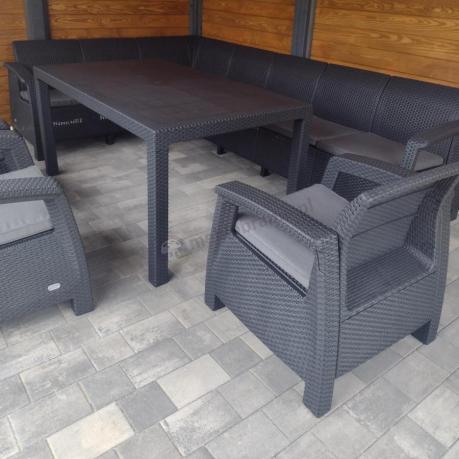 Zestaw dla 10 osób z narożnikiem, stołem obiadowym i trzema fotelami Rellme VII grafitowy