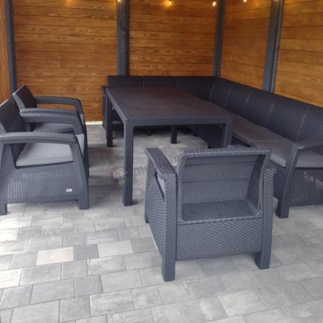 Zestaw dla 10 osób z narożnikiem, stołem obiadowym i trzema fotelami Rellme VII grafitowy