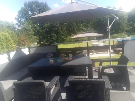 Zestaw dla 10 osób z narożnikiem, stołem obiadowym i trzema fotelami Rellme VII grafitowy