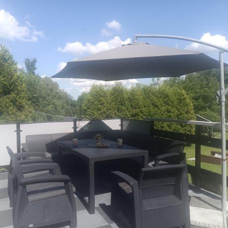 Zestaw dla 10 osób z narożnikiem, stołem obiadowym i trzema fotelami Rellme VII grafitowy