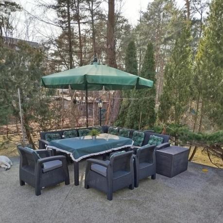 Zestaw dla 10 osób z narożnikiem, stołem obiadowym i trzema fotelami Rellme VII grafitowy