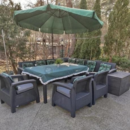 Zestaw dla 10 osób z narożnikiem, stołem obiadowym i trzema fotelami Rellme VII grafitowy