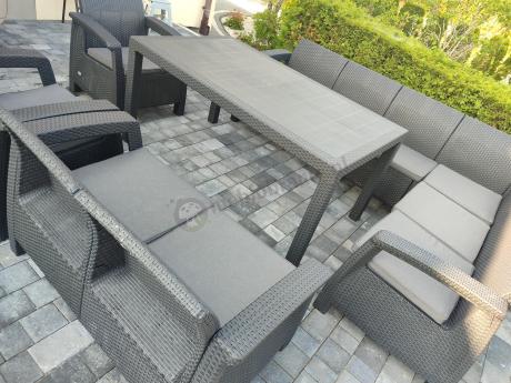 Zestaw dla 10 osób z narożnikiem, stołem obiadowym i trzema fotelami Rellme VII grafitowy