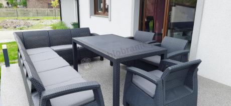 Zestaw dla 10 osób z narożnikiem, stołem obiadowym i trzema fotelami Rellme VII grafitowy