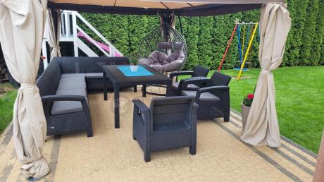 Zestaw dla 10 osób z narożnikiem, stołem obiadowym i trzema fotelami Rellme VII grafitowy