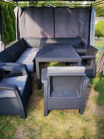 Zestaw dla 10 osób z narożnikiem, stołem obiadowym i trzema fotelami Rellme VII grafitowy